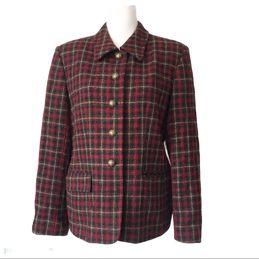 Vintage Red Plaid Wool Blazer Jacket Sz 12 Dark Academia Equestrian
